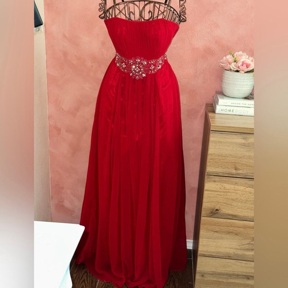 Red Strapless Chiffon Beaded Waist Formal Evening Gown Prom Dress Small